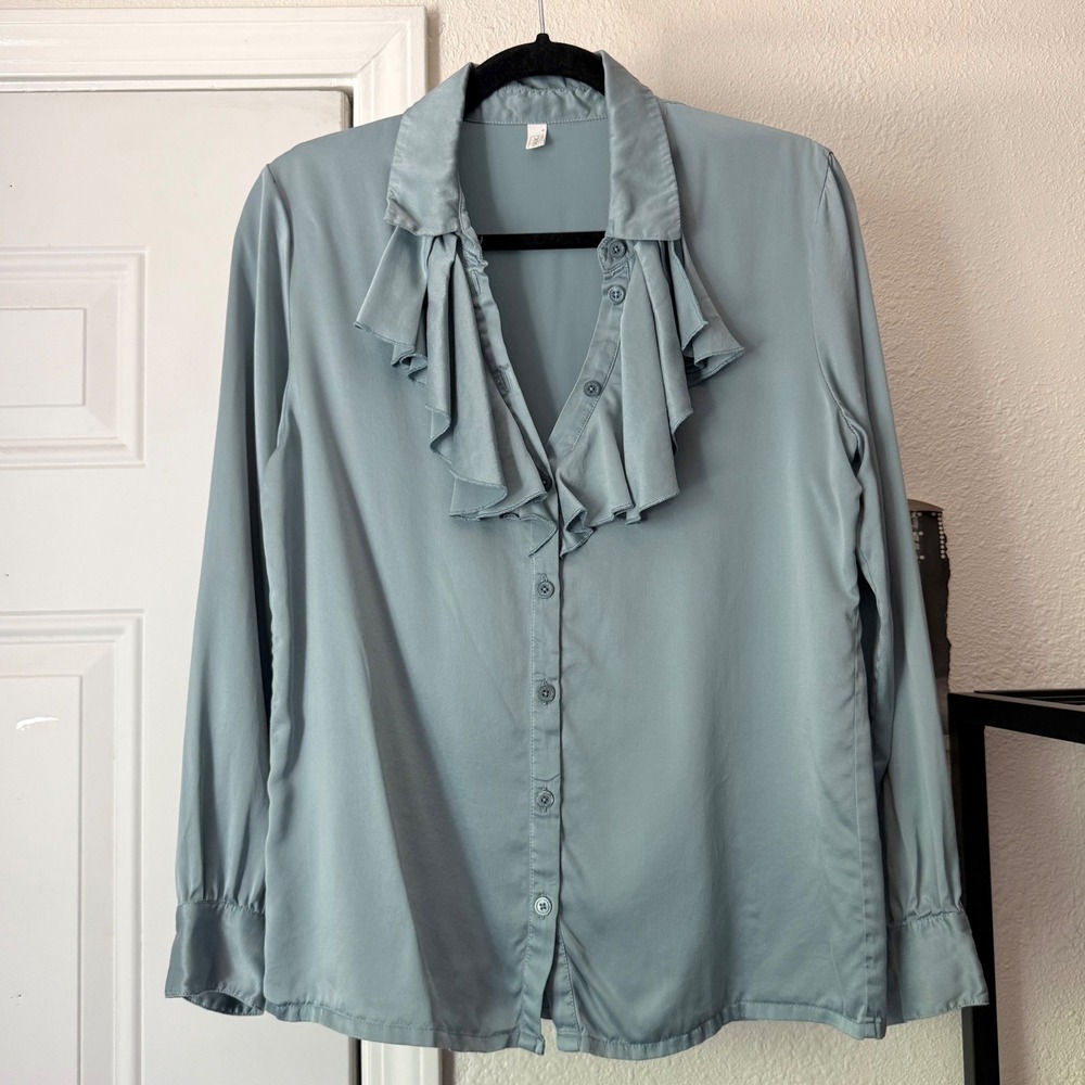 LILYSILK dusty blue teal mulberry silk ruffle button up long sleeve blouse
shirt